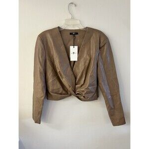 NEW! 7 For All Mankind Faux Leather Long Sleeve Twist Front Crop Top Size Large
